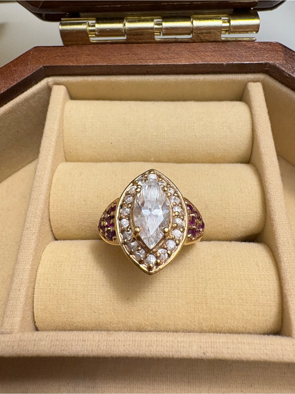 925 Silver Golden Marquise-Center Crystal Ring with Ruby Accents; size 6